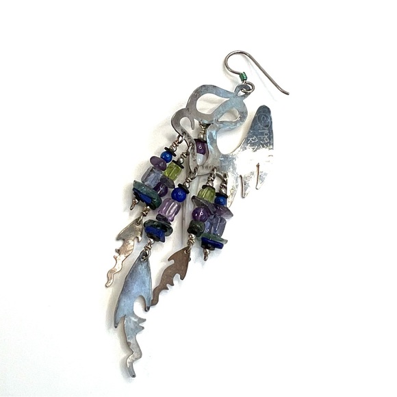 Vintage Signed Handmade Sterling Silver Lapis Amethyst Stone Dangle Earr… - Picture 2 of 6